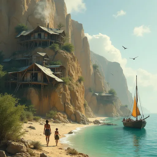 Prompt: Sandy cliffs with a small turquoise pool at their base . Tiered post-apocalyptic huts made of rags , metal sheets and wood cling to the rock face . Ropes and wood ladders . Smoke billowing from improvised chimneys . Scattered bushes and small trees . Adults and children dressed in tattered clothing move about .A raft with a makeshift sail drifts on the water . Birds soaring in the air . Sunlight . Mist