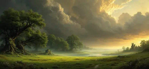Prompt: A painting in the style of 19th-century realism. A green meadow with thin ribbons o mist floating above the grass. Lush, massive, gnarled trees. A gothic ruin. A pond. Thick  mist. Dreamlike atmosphere. Ethereal light. The most striking element is the sky . Thick, billowing clouds stretch across the sky, heavy and textured with tones of grey, brown, and hints of blue. These clouds seem to part just enough to reveal a glowing band of soft, golden-yellow light near the horizon, suggesting either a sunrise or a sunset. This light gently spills across the landscape, casting a muted radiance that enhances the depth and mystery of the scene. A painting in the style of 19th-century realism.