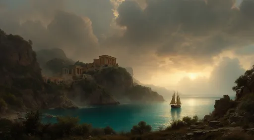 Prompt: A sailing ship exiting a cove surrounded by rocky cliffs covered in vegetation . Greek ruins . Mist. Turquoise water . The most striking element is the sky . Thick, billowing clouds stretch across the sky, heavy and textured with tones of grey, brown, and hints of blue. These clouds seem to part just enough to reveal a glowing band of soft, golden-yellow light near the horizon, suggesting either a sunrise or a sunset. This light gently spills across the landscape, casting a muted radiance that enhances the depth and mystery of the scene. The style of 19th-century realism .
