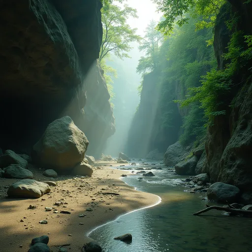 Prompt: A deep green mountain stream flowing   filling a deep cavity , a giant boulder, sandbank with rotting wood ,  willows , mist , sunlight