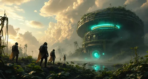 Prompt: Three individuals wearing a combination of samurai armors and hockey suits space suits and helmets with lights lost in a lush extraterrestrial jungle with towering bioluminscent plants with twisting, iridescent vines and massive translucent leaves pulsating with an eerie glow on a extraterrestrial planet inspect a towering , decayed, abandoned,  dirty with mud , covered in vines and vegetation, mysterious extraterrestrial device with curved style sci-fi design glowing with teal and green neon lights along its contours and internal structures half buried in a swamp. Mist. The most striking element is the sky . Thick, billowing clouds stretch across the sky, heavy and textured with tones of grey, brown, and hints of blue. These clouds seem to part just enough to reveal a glowing band of soft, golden-yellow light near the horizon, suggesting either a sunrise or a sunset. This light gently spills across the landscape, casting a muted radiance that enhances the depth and mystery of the scene.. A giant, ringed, gaseous planet with giant satellites in the space.