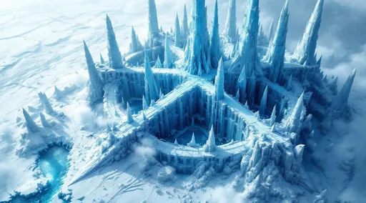 Prompt: An aerial view with a close-up on a dragon with white fur flying above a breathtaking ice structure that rises from a vast , frozen wasteland its towering crystalline spires piercing the sky  surrounded by a frozen deserted landscape. The structure is composed of massive , translucent blue ice shards that cross and interlock at sharp angles forming a chaotic yet mesmerizing lattice of frozen structures . These intersecting ice formations reflect the cold , diffused light creating an intricate pattern of refracted blues and whites . The surrounding landscape is an endless expanse of snow and ice with a frozen lake its glossy surface mirroring the structure's eerie blue luminescence . Wisps of mist curl around the base of the fortress further enhancing its otherworldly presence . The interwoven ice formations make the fortress appear almost alien . The entire composition has a fantasy and cinematic quality with dramatic lighting that highlights the sharp intercrossing ice formations . Mist and steam. Wind blown snow. The most striking element is the sky . Thick, billowing clouds stretch across the sky, heavy and textured with tones of grey, brown, and hints of blue. These clouds seem to part just enough to reveal a glowing band of soft, golden-yellow light near the horizon, suggesting either a sunrise or a sunset. This light gently spills across the landscape, casting a muted radiance that enhances the depth and mystery of the scene. The style of 19th-century realism.