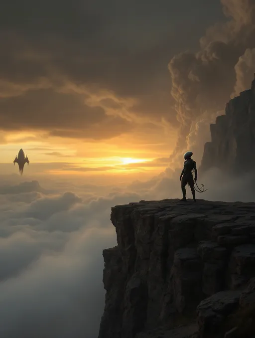Prompt: An extraterrestrial humanoid warrior on a rocky cliff. A squid like extraterrestrial spaceship in the sky . Storm clouds .
The most striking element is the sky  . Thick, billowing clouds stretch across the sky, heavy and textured with tones of grey, brown, and hints of blue. These clouds seem to part just enough to reveal a glowing band of soft, golden-yellow light near the horizon, suggesting either a sunrise or a sunset. This light gently spills across the landscape, casting a muted radiance that enhances the depth and mystery of the scene.



