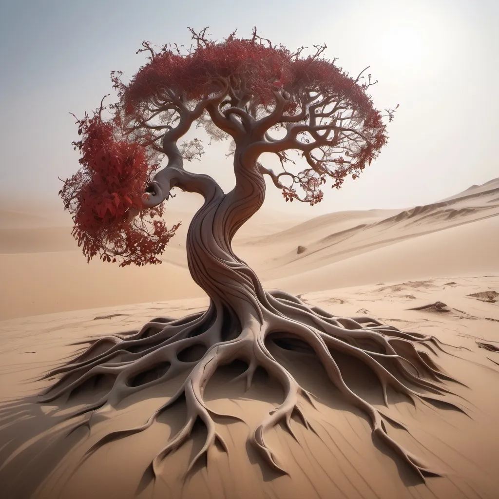 Prompt: a very detailed gnarled  tree with red -brown leaves on a sand dune. The gnarled roots of the tree come out of the ground in a very intricate model.  Dry bushes scattered on the ground. Rocky cliffs in the background . The sun shines diffusely .MIst