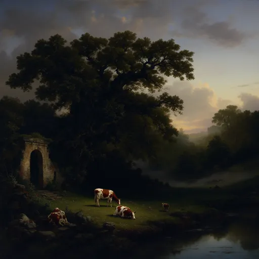 Prompt: A painting in the style of 19th-century realism. A serene, pastoral landscape at twilight. A few cows grazing on a meadow . Massive, lush, gnarled trees. A pond. Mist. Ruins