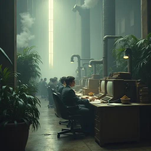 Prompt: A scene from a dystopian future . A massive office hall filled with clerks dressed in outdated polyester suits with ties working on enormous , primitive computers with steam pipes protruding from them . The air is misty and filled with cigarette smoke creating an oppressive atmosphere . Stacks of papers are scattered across desks and large pots with tropical plants add an eerie contrast to the industrial setting . Dim , faded light seeps through the tall windows .