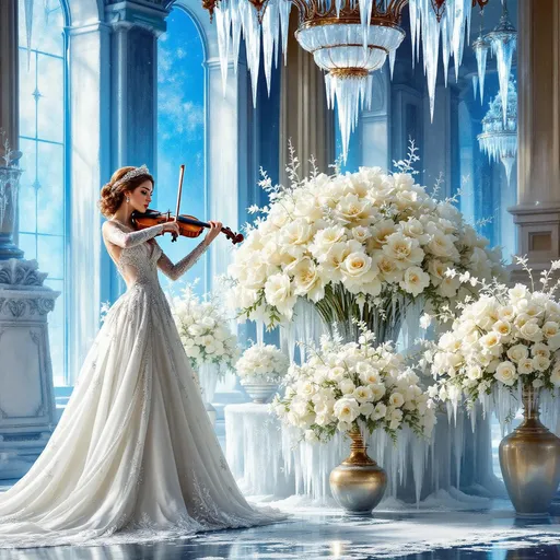 Prompt: On the left side of the image a female violinist is playing her violin inside a frozen palace. She wears a long white gown with a trailing train and a delicate tiara on her head. She has an elegant hairstyle. Icicles hang from the chandelier suspended from the ceiling and from the throne. Columns. Blue light pours through the tall windows illuminating the scene. Lavish bouquets of frozen white flowers. The interior of the palace is entirely covered in ice and snow. 8k resolution. A painting in the style of 19th-century realism.