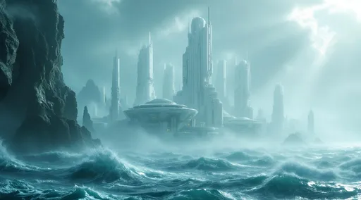 Prompt: White sci-fi buildings shrouded in mist rising in the middle of stormy turquoise ocean. Sunlight .