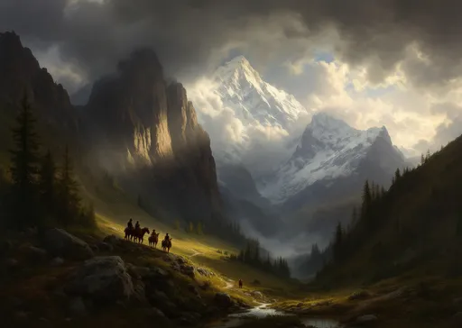 Prompt: A vast, awe-inspiring mountain landscape moments before or during a powerful storm in the style of 19th-century realism . The scene is filled with tension and grandeur.
In the foreground, we see a richly detailed alpine valley filled with lush, green vegetation, tall trees, rocks, and a small tranquil pond or stream. There are also tiny figures on horseback, likely Native Americans, who seem dwarfed by the immensity of nature around them, emphasizing the sublime scale of the environment.
As the eye moves further, the terrain begins to rise dramatically into rocky hills and forested slopes. A sunlit path of light cuts across the rocky outcrops, guiding the viewer’s eye deeper into the mountainous expanse. The contrast between light and shadow is intense, with sunlight breaking through ominous storm clouds to illuminate select parts of the rugged cliffs and slopes.
In the background, the towering peaks of the Rocky Mountains dominate the composition. The highest peaks are covered in snow and dramatically lit by a break in the clouds, creating a mystical, almost divine glow. Massive, dark storm clouds loom above, swirling and billowing, suggesting an impending thunderstorm. A single bird soars in the sky, adding a sense of scale and movement to the scene.
The interplay between light and shadow is one of the most striking features. Chiaroscuro—the strong contrast between light and dark—to dramatize the effects of the storm and the sheer scale of the mountains. The atmosphere shifts from serene and calm in the valley to turbulent and overwhelming in the sky above.
The scene captures the raw power and sublime beauty of nature. It reflects themes of the sublime—a Romantic concept where nature is both beautiful and terrifying. The overwhelming scale, the dramatic weather, and the delicate human presence evoke a deep reverence for the natural world.