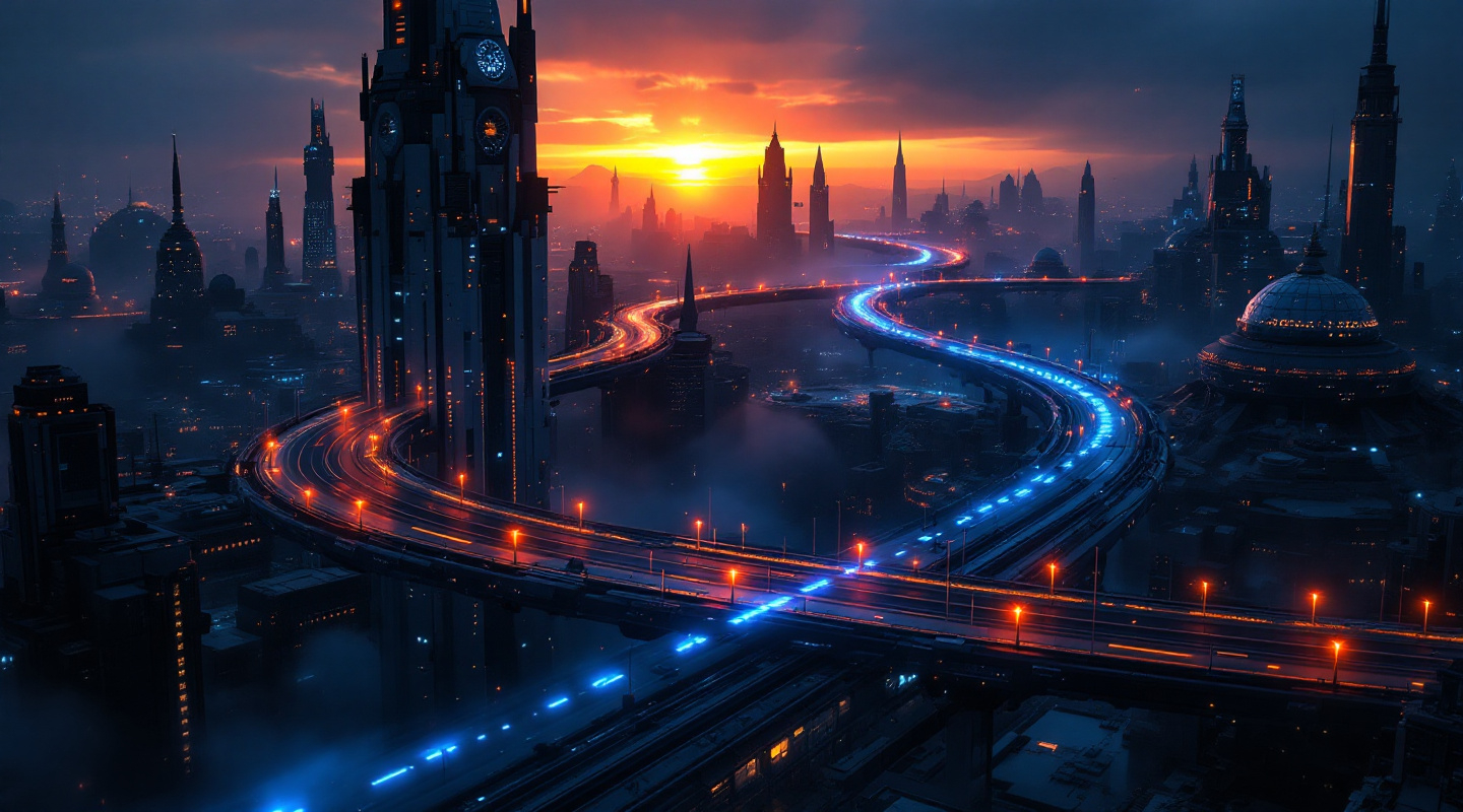 Prompt: A suspended sci-fi information superhighway carrying streams of bright blue and orange light beams winding its way through a dark futuristic sci-fi cityscape. Mist. The highway twists and curves between towering white sci-fi buildings in spherical , pyramidal , truncated cone and truncated pyramid shapes covered with scattered blue and orange lights . Darkness. Sunset .