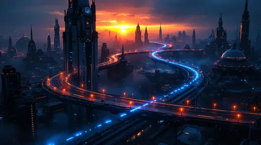 Prompt: A suspended sci-fi information superhighway carrying streams of bright blue and orange light beams winding its way through a dark futuristic sci-fi cityscape. Mist. The highway twists and curves between towering white sci-fi buildings in spherical , pyramidal , truncated cone and truncated pyramid shapes covered with scattered blue and orange lights . Darkness. Sunset .
