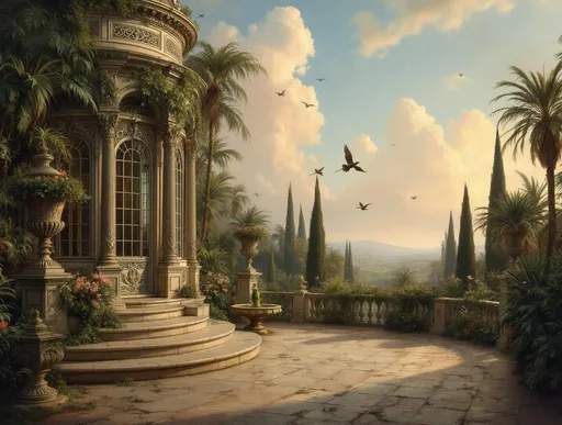 Prompt: A painting in the style of 19th-century realism.  A hazy garden with lush tropical plants and palms set on enormous Baroque terrace. Weathered, ornate, mossy floral urns with wilted flowers. On the left side a small rotunda with ornate domed roof and tall, narrow and arched windows with panes with richly decorated wrought iron frames shaped like intricate filigree featuring delicate curls and lace-like metalwork. Weathered, mossy statues.  Mediterranean plants and cypress trees. Lyre birds with long tails flying. In the middle is a fountain with a mossy statue. Fluffy, pink clouds. Sunlight.