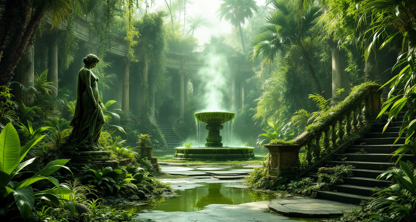 Prompt: An abandoned lush garden filled with lush overgrown lush tropical plants and palms . A Venus statue covered in mold, moss and ivy . A ruined fountain covered in mold, moss and ivy from which green steam arise . Thick mist . A ruined palace with ornate pillars balustrades and statues covered in mold and moss . A green puddle Stairs . Sunlight