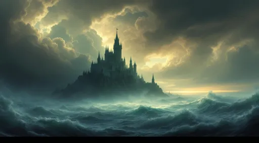 Prompt: A mermaid fairytale towering castle shrouded in mist rising in the middle of stormy turquoise ocean. The most striking element is the sky . Thick, billowing clouds stretch across the sky, heavy and textured with tones of grey, brown, and hints of blue. These clouds seem to part just enough to reveal a glowing band of soft, golden-yellow light near the horizon, suggesting either a sunrise or a sunset. This light gently spills across the landscape, casting a muted radiance that enhances the depth and mystery of the scene. The style of 19th-century realism.