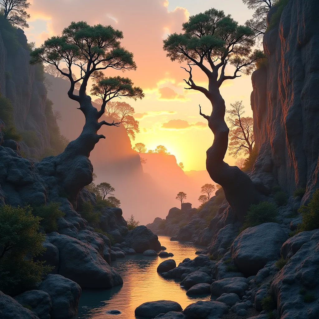 Prompt: Gnarled trees grown on a rocky landscape . Three big boulders on the left side . A fallen tree . A rocky wall on the right side . Tree stumps . A creek . Sunset . Mist