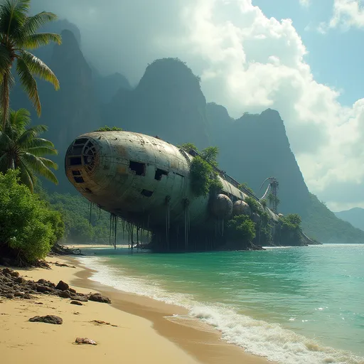 Prompt: A colossal , derelict alien spacecraft lies wrecked in the shallow water of a remote tropical beach partially overtaken by nature . The spacecraft has an intricate biomechanical design resembling a fusion of metal and organic forms with smooth , curved surfaces , Its hull is corroded and fractured revealing dark inner chambers and exposed alien machinery . Vines and overgrown lush tropical vegetation cover its surface while long , metallic tendrils hang from its underbelly  like remnants of a once-functional support structure . The ship's arching frame suggests an advanced , otherworldy origin with faint glowing energy traces still pulsing along its cracks .The scene is framed by towering mountains covered in mist and lush tropical vegetation in the distance , their jagged peaks shrouded in heavy clouds . The beach is a mix of golden sand and scattered debris from the crash while gentle turquoise waves lap at the wreckage . Dense jungle and lush tropical vegetation including palm trees and thick undergrowth encroaches from the left adding to the sense that the spaceship has been abandoned for centuries . Sunlight cast an ethereal glow over the entire landscape enhancing the mystery and grandeur of the lost spacecraft. Mist .Sunlight