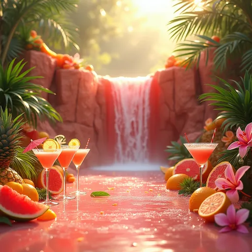 Prompt: A waterfall made of pink grapefruit juice cascading from cliffs of sugar . The waterfall flows into a pool of pink grapefruit juice surrounded by slices and wedges of lemon , orange , mango , watermelon , kiwi , pineapple , lush tropical plants, palm trees, orchids, pink lilies and other exotic flowers . Along the edges elegant cocktail glasses with colorful drinks with straws and tiny umbrellas add to the vibrant , refreshing atmosphere . Golden sunlight . Mist