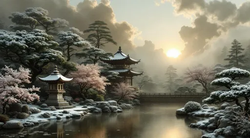 Prompt: A shallow pond in a Japanese garden . A Japanese ornamental garden sculpture  of a pagoda covered in snow too . Further-dense , gnarled , lush Japanese pine trees dusted with snow, some bonsai and flowering peach trees . Mist.  The stone wall that surrounds the garden is made of aged stone and capped with traditional Japanese roof tiles . The tiles form a continuous , undulating line and appear lightly dusted with snow or frost . The wall stands as a subtle but solid architectural element separating the foreground from the shadowy trees beyond.
The most striking element is the sky . Thick, billowing clouds stretch across the sky, heavy and textured with tones of grey, brown, and hints of blue. These clouds seem to part just enough to reveal a glowing band of soft, golden-yellow light near the horizon, suggesting either a sunrise or a sunset. This light gently spills across the landscape, casting a muted radiance that enhances the depth and mystery of the scene. The style of 19th-century realism.