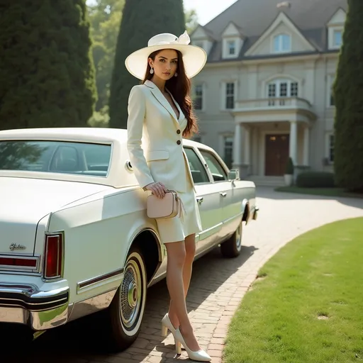 Prompt: A beautiful woman wearing a sophisticated white two-piece suit consisting of a tailored blazer and a matching knee-lenght skirt  , white gloves , white sheer silk stockings and white high-heeled shoes . A wide-brimmed white hat with a bow sits elegantly atop her head . She wears also  a pair of elegant white roun earrings on her earlobes . A soft pink designer handbag with a gold clasp hangs from her left shoulder . She leans gracefully against a white luxury 1980's Lincoln Continental limousine  parked on a driveway leading to a grand American mansion from the same era . Massive trees . In front of the mansion a lawn with perfect English-style grass enhances the scene's elegance and vintage sophistication . Sunlight . Mist