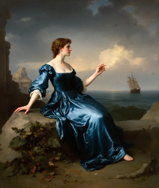 Prompt: A painting in the style of 19th-century realism. A close-up on a woman sitting on a stone by the sea. She is dressed in a long, flowing, blue satin dress with full sleeves characteristic of a refined 19th-century aristocratic style. The dress appears to have vertical folds and pleats contributing to its voluminous look . The fabric looks soft and somewhat heavy made of a luxurious material emphasizing her social status. The woman is surrounded by crumbling, ruined columns and arches. Mist. In the distance, on the sea a tilted sail ship. Twilight. Dramatic sky. Birds flying. 