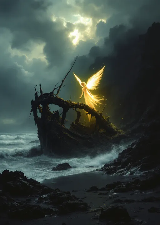 Prompt: A glowing fairy with delicate wings radiating light trapped between the rotten blackened ribs of a wrecked ship stranded on a beach of volcanic black sand . Mystical atmosphere. Mist . Stormy clouds. Stormy sea. The style of 19th-century realism .