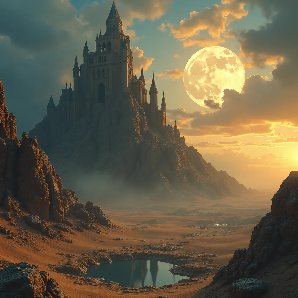 Prompt: A surreal and majestic desert landscape featuring a towering gothic castle on a rocky hill , with a small reflective pool in the foreground . The sky is dramatic , filled with dense clouds , a glowing moon contrasts with the golden hues of a setting sun . The scene evokes a mystical and other worldy atmosphere