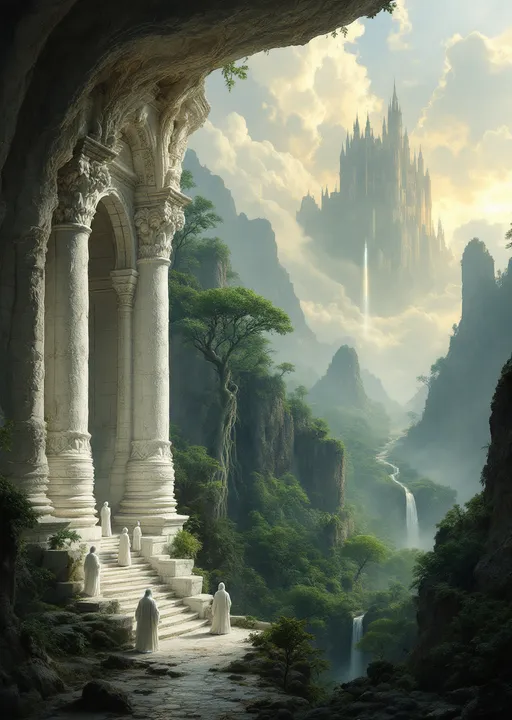 Prompt: The interior of a temple carved into a white stone huge cave with ornate columns and arches sculpted from the same white rock. White robed priests with white hair. The cave opens to a breathtaking view of rocky cliffs covered with an enchanted , mysterious, lush forest with gnarled, lush, magical trees with tangled web of roots emerging from the ground . In the distance a towering fairy tale style castle. Mist. Waterfalls. The most striking element is the sky . Thick, billowing clouds stretch across the sky, heavy and textured with tones of grey, brown, and hints of blue. These clouds seem to part just enough to reveal a glowing band of soft, golden-yellow light near the horizon, suggesting either a sunrise or a sunset. This light gently spills across the landscape, casting a muted radiance that enhances the depth and mystery of the scene. The style of 19th-century realism.