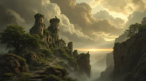 Prompt: Ruins of a castle overgrown with vegetation . Rocky cliffs covered with vegetation . Rocks and debris .Lushy trees . Crows perched on branches . Mist. The most striking element is the sky . Thick, billowing clouds stretch across the sky, heavy and textured with tones of grey, brown, and hints of blue. These clouds seem to part just enough to reveal a glowing band of soft, golden-yellow light near the horizon, suggesting either a sunrise or a sunset. This light gently spills across the landscape, casting a muted radiance that enhances the depth and mystery of the scene.