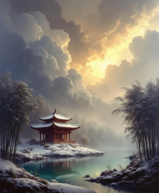 Prompt: A temple in the middle of a snow-covered bamboo forest. Mist. Snowflakes gently falling through the cold air covering the leaves and ground in white  .A serene, meditative atmosphere. A turquoise pond.  The most striking element is the sky . Thick, billowing clouds stretch across the sky, heavy and textured with tones of grey, brown, and hints of blue. These clouds seem to part just enough to reveal a glowing band of soft, golden-yellow light near the horizon, suggesting either a sunrise or a sunset. This light gently spills across the landscape, casting a muted radiance that enhances the depth and mystery of the scene. The style of 19th-century realism.