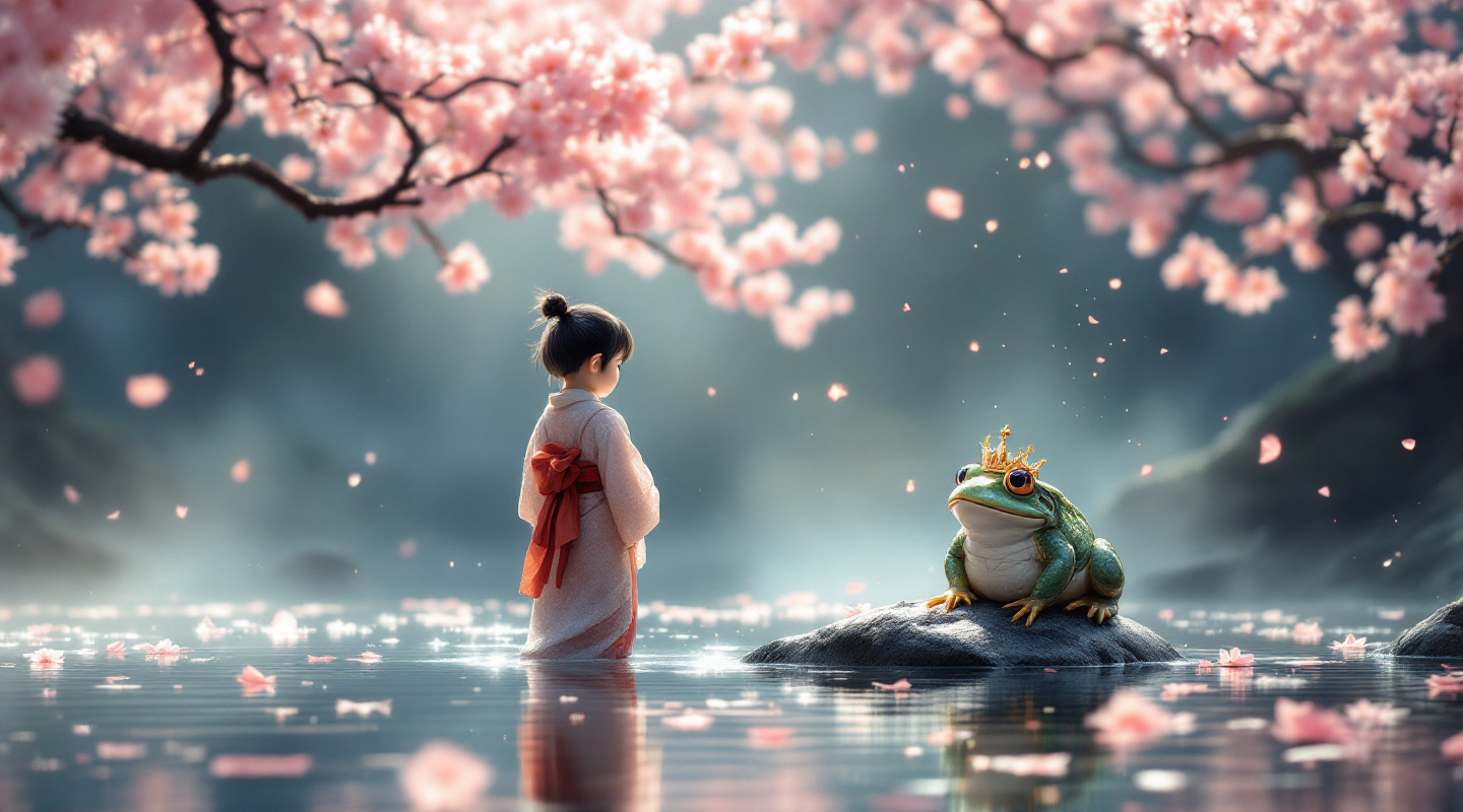 Prompt: A japanese boy in a kimono with his hair tied in a topknot stands on a wet, flat rock in the middle of a lake. In front of him on another rock sits a frog wearing a crown . The boy is gazing at the frog . Around them blooming peach trees add soft pink blossoms to the scene. Blossom peach petals drift by the wind . Glowing particles in the air . Mist . The atmosphere is ethereal and magical .