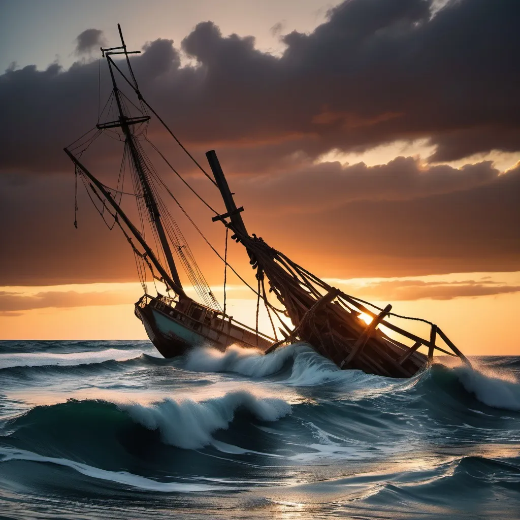 Prompt: a rolling wave at sunset with several shipwrecked hanging from a floating broken mast 