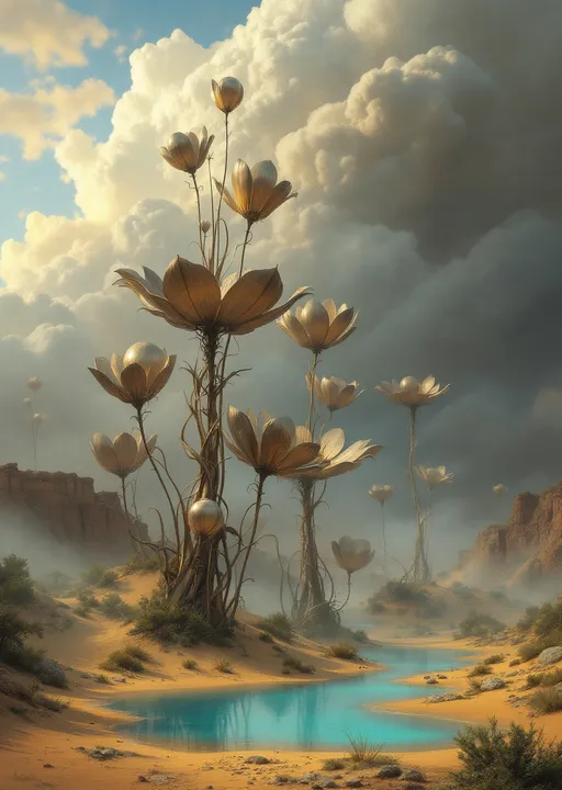 Prompt: Gigantic metal flowers enshrouded in mist and clouds growing up to the clouds sprouting from metal bulbs nestled on golden sand dunes .Sandy cliffs . Mist. A turquoise pond . The most striking element is the sky . Thick, billowing clouds stretch across the sky, heavy and textured with tones of grey, brown, and hints of blue. These clouds seem to part just enough to reveal a glowing band of soft, golden-yellow light near the horizon, suggesting either a sunrise or a sunset. This light gently spills across the landscape, casting a muted radiance that enhances the depth and mystery of the scene. The style of 19th-century realism.