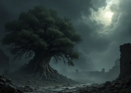 Prompt: A massive , old , lush , gnarled tree near the ruins of a fortification . Scattered rocks and debris. Giant , menacing , dark cloud looming omniously above the landscape , shadowy tendrils emerging from the cloud threatening to engulf the tree , dramatic lighting casting sinister shadows , cold and eerie ambiance . Tension filled scene . Mist . Overcast sky .