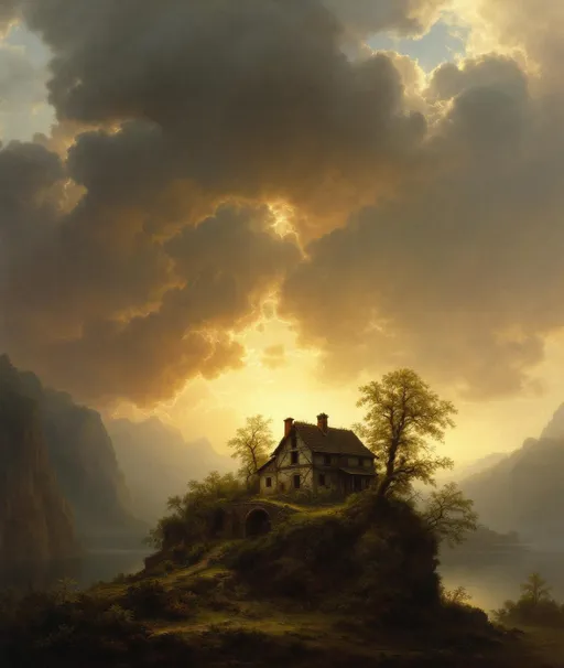 Prompt: A painting in the style of 19th-century realism. An old, weathered two-story house on a small island in the middle of a misty lake. The island is covered with lush, gnarled trees, bushes, rocky cliffs. A small arched, old bridge. The most striking element is the sky . Thick, billowing clouds stretch across the sky, heavy and textured with tones of grey, brown, and hints of blue. These clouds seem to part just enough to reveal a glowing band of soft, golden-yellow light near the horizon, suggesting either a sunrise or a sunset. This light gently spills across the landscape, casting a muted radiance that enhances the depth and mystery of the scene. A painting in the style of 19th-century realism.