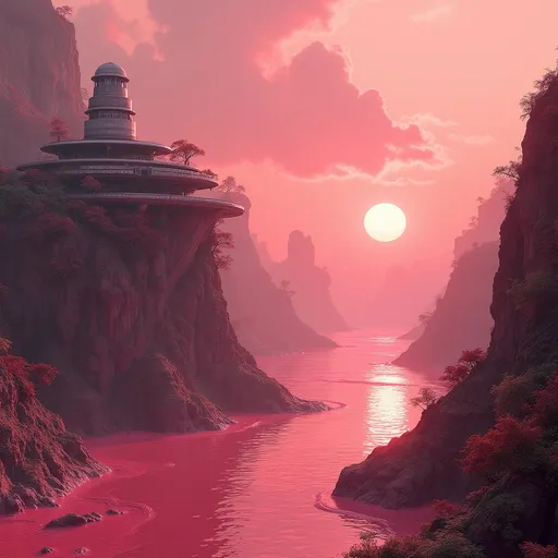 Prompt: A vast alien sea made of thick , viscous pink substance . Sci-fi buildings perched atop organic cliffs covered in exotic , lush alien vegetation . Fluffy , red clouds drift across the sky . A red sun sets on the horizon . Surreal landscape . Mist