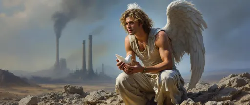 Prompt: A fallen angel-a young man with fair skin and curly, golden-blonde hair styled in loose ringlets around his face. He wears sleeveless off-white fitted top with small tears and layered fabric straps and cream-colored pants with complex seams and open flared legs. His wrists are wrapped with light bandages.
He has soot-stained clothes, wings and skin crouching in a rocky desert gently holding a pristine white dove in cupped hands. Behind him stretches a harsh industrial landscape with towering smokestacks billowing dark smoke. The sky is polluted, hazy, tinted in sickly blue-violet hues. A painting in the style of 19th-century realism.