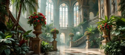 Prompt: A painting in the style of 19th-century realism. Lush tropical plants, palm trees and tropical large-leafed potted plants growing inside a misty grand cathedral-like building with tall arched stained-glass windows , a high dome with stained glass tall windows . Ornate grand interior staircases with ornate floral urns with wilted flowers and statues. Filtered sunlight streams through the stained glass casting colorful reflections on the plants and marble floor.