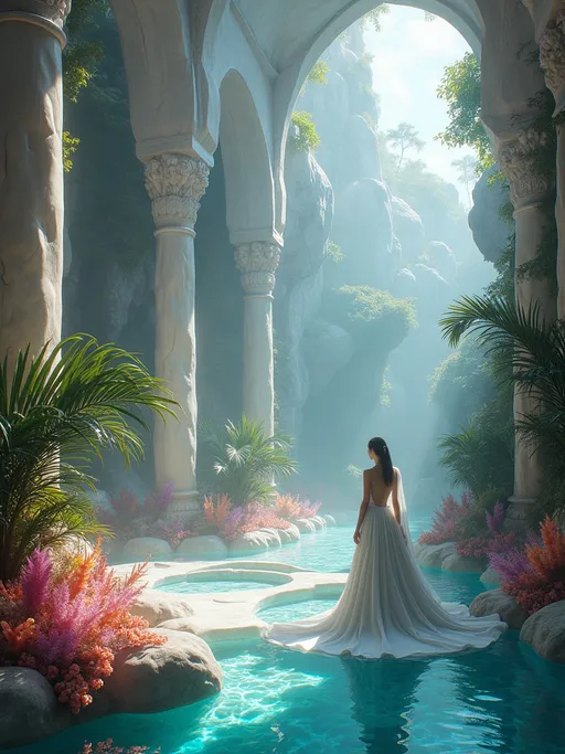 Prompt: The interior of a fantastic palace made entirely of gigantic quartz crystals in red, blue, orange an dpurple hues along with shimmering crystals of rubies , sapphires , amethysts and emeralds . White columns . Mist . Lush tropical plants and palms . In the right stands an Ice Queen wearing a long white gown with a flowing train with a high collar illuminated by sunlight filtering through the crystal walls casting prismatic light across the scene . A turquoise pool . Magical , ethereal atmosphere , high detail , majestic and surreal .