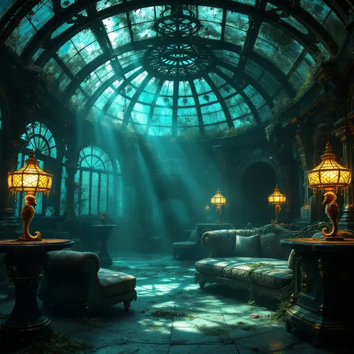 Prompt: An underwater, abandoned and eerie-looking dark hideout with gothic and steampunk-inspired architecture .The room is dimply lit with a bluish-green glow filtering through stained glass windows and a dirty curved glass ceiling with ornate wrought iron frames covered in algae, shellfish and grime . The atmosphere is mysterious with foggy light beams piercing through the air . Ornate , antique lamps shaped like seahorses stand in the foreground covered in rust, marine growth and shellfish . Steampunk sofas and armchairs . Dark-cyan fog .