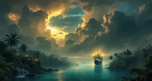 Prompt: A pirate galleon with glowing lanterns on a turquoise misty river in the middle of a lush tropical jungle with plants and palms. Mayan ruins . Waterfalls. The most striking element is the sky . Thick, billowing clouds stretch across the sky, heavy and textured with tones of grey, brown, and hints of blue. These clouds seem to part just enough to reveal a glowing band of soft, golden-yellow light near the horizon, suggesting either a sunrise or a sunset. This light gently spills across the landscape, casting a muted radiance that enhances the depth and mystery of the scene. The style of 19th-century realism.