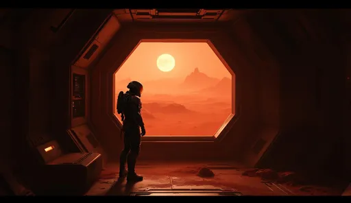 Prompt: A dark corridor on the upper floor of a sci-fi building on Mars. The corridor is dimly lit by the faint, reddish light of the Martian sun filtering through thick, dusty sleek sci-fi windows . The red sunlight casts eerie shadows on the walls and floor highlighting the stark, metallic corridor . Outside the window vast landscapes of red sand and rugged rock formations stretch into the distance partially obscured by the thick haze of Martian dust. In the corridor a battle-hardened space marine stands motionless in front of a window his futuristic armor worn, dirty and covered in red dust. Mist. The muted, otherworldy atmosphere of Mars surrounds him in a surreal stillness.