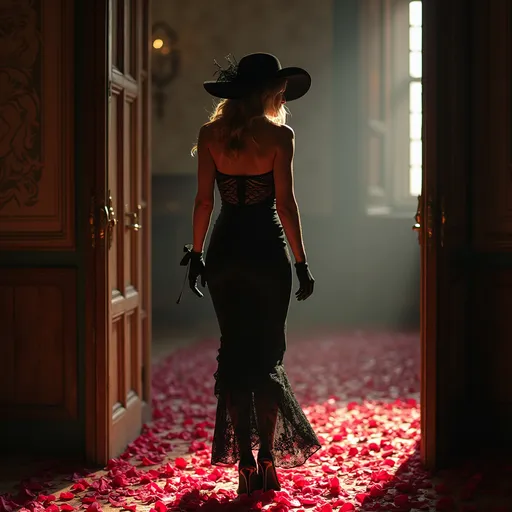 Prompt: A Renaissance room; through the open door you can see ( in the next room ) a beautiful woman walking away dressed in black lace, fitted skirt, black gloves, high-heeled shoes, wide-brimmed hat and bow stepping on rose petals , diffuse light