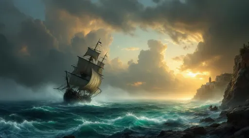 Prompt: A tilted galleon ghost ship with torn sails shrouded in mist navigating in the middle of stormy turquoise ocean. A rocky cliff with a Greek monastery perched on it . A rowboat with survivors . The most striking element is the sky . Thick, billowing clouds stretch across the sky, heavy and textured with tones of grey, brown, and hints of blue. These clouds seem to part just enough to reveal a glowing band of soft, golden-yellow light near the horizon, suggesting either a sunrise or a sunset. This light gently spills across the landscape, casting a muted radiance that enhances the depth and mystery of the scene. The style of 19th-century realism.