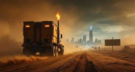 Prompt: An aerial view with the back of a gigantic , robust , post-apocalyptic truck made from spare parts , sand-colored, speeding down a dusty, cracked road . Flames and smoke burst from a vertical exhaust pipe. The landscape is an arid , dusty plain crossed by  exposed pipes. Wind sweeps sand across the road. The truck heads toward a distant towering post-apocalyptic city with shimmering lights. Large billboards line the roadside. The atmosphere is hazy and dusty . Night.