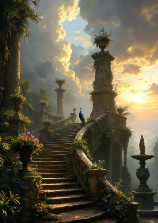 Prompt: A crumbling staircase of a ruined palace. The staircase has ornate stone balustrades decorated with stone urns filled with withered flowers. Lush tropical plants coil around the ornate pillars of the balustrades. A peacock stands gracefully on the steps. Lush tropical plants , flowers and palms. Mist. A ruined fountain with a statue covered in moss . The most striking element is the sky . Thick, billowing clouds stretch across the sky, heavy and textured with tones of grey, brown, and hints of blue. These clouds seem to part just enough to reveal a glowing band of soft, golden-yellow light near the horizon, suggesting either a sunrise or a sunset. This light gently spills across the landscape, casting a muted radiance that enhances the depth and mystery of the scene. The style of 19th-century realism.