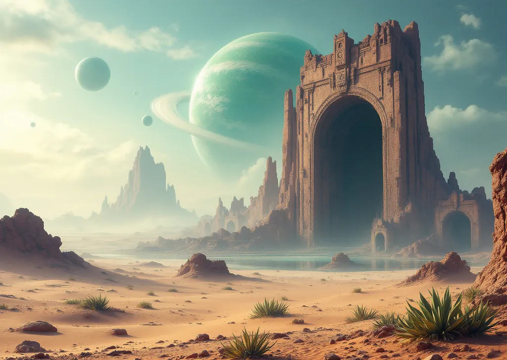 Prompt: A vast desert of sand dunes . Scattered , solitary , twisted , strange, tall, arched,  brown , portal rocks . A lake. Lush extraterrestrial, carnivorous and monstruous plants.  A giant alien, derelict temple. A giant, ringed, gaseous, green planet with huge satellites barely visible in the misty blue sky. Mist. Sunlight.