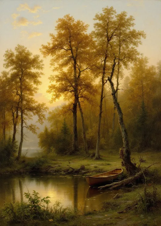 Prompt: A peaceful woodland landscape at  dusk, judging by the soft, golden light permeating the sky in the style of 19th-century realism . The tall trees dominate the composition, their slender trunks stretching high into the sky. Many of the trees have already shed a portion of their leaves, indicating that the scene takes place in the fall season. The leaves that remain are painted in warm hues of orange, amber, and gold, contrasting with the green pines and undergrowth.

At the base of the trees, there is a quiet, shallow pond or creek. The water reflects the soft glow of the sky and the surrounding trees, creating a tranquil, mirror-like surface. Small patches of green grass and reeds grow at the water’s edge, adding to the lush texture of the landscape. Fallen branches and leaves float gently on the water, emphasizing the natural, untouched feel of the environment.

On the right side of the painting, nestled near the water's edge, there is a small rowboat. The boat is empty and slightly sunken into the shore, hinting at human presence, perhaps abandoned or just resting there. Its inclusion adds a subtle narrative element to the otherwise wild and undisturbed scene.

The sky above the forest is painted with soft, warm tones—creamy yellows and gentle oranges—suggesting a quiet evening sunset. Light filters through the gaps in the trees, giving the entire scene a gentle, almost magical glow.