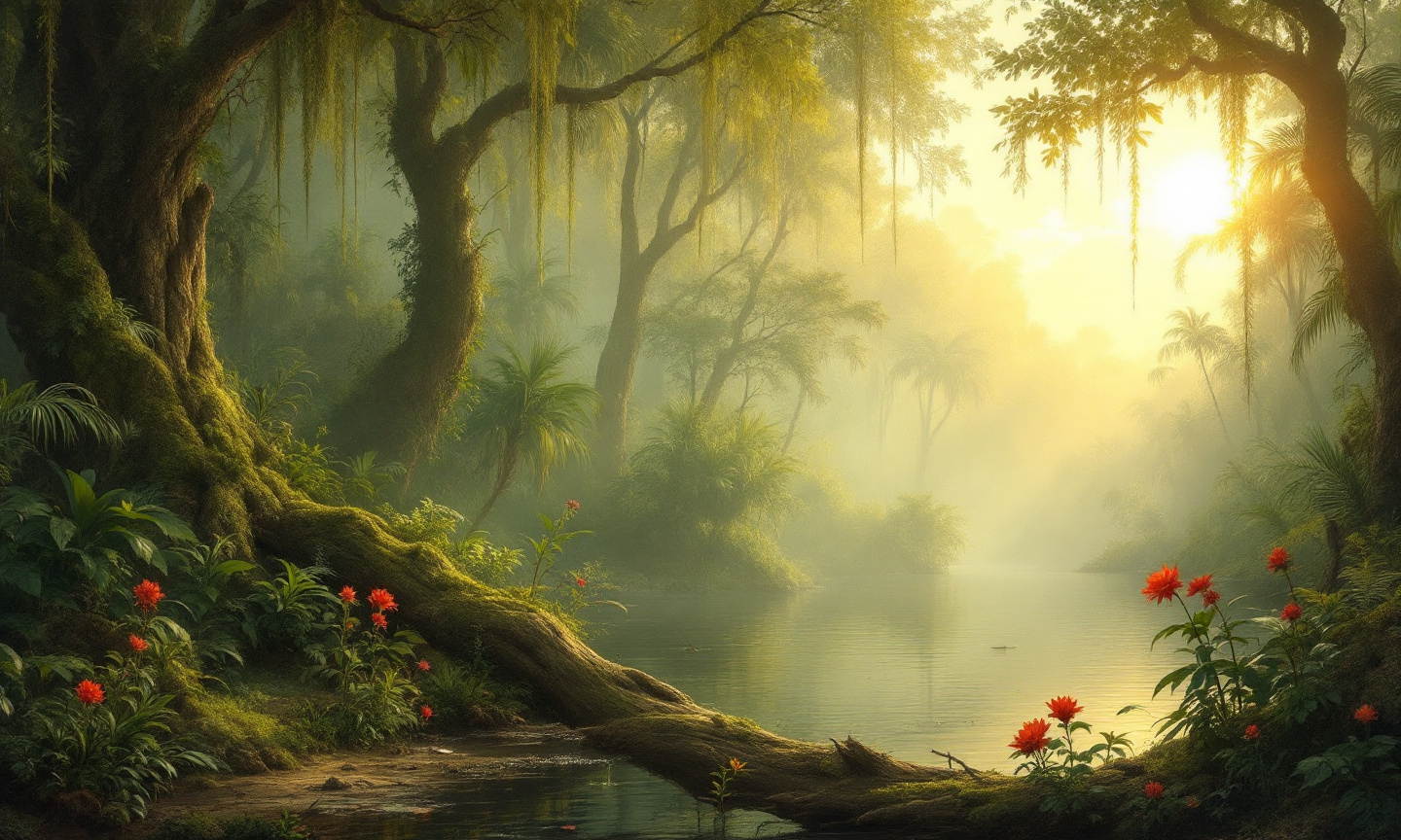 Prompt: A tranquil forested river scene, bathed in soft, ethereal sunlight in the style of 19th-century realism . The sun, partially veiled by a misty sky, casts a golden glow over the entire landscape. Rays of light pierce through the mist, illuminating the river’s surface and reflecting warmly in the still water, creating a dreamy, almost spiritual atmosphere.
On both sides of the river, dense vegetation thrives in rich detail. Towering trees, some with thick, twisting trunks and others adorned with hanging vines, form a lush canopy. Their foliage ranges from broad-leafed tropical plants to tall palm trees, all rendered with meticulous attention to texture and form. The forest floor is overgrown with moss, ferns, and flowering plants, creating a sense of untouched wilderness.
In the foreground to the left, a large fallen tree trunk, covered in moss and small plants, lies across the scene, guiding the viewer’s eye into the composition. A few bright red flowers punctuate the otherwise green palette, adding a pop of color.
The river itself is calm and reflective, with a few ripples visible, possibly caused by birds or fish. In the distance, the river winds gently into the haze, flanked by more trees that gradually fade into the soft mist, enhancing the depth and mystique of the scene. Tiny birds or insects can be seen flying above the water, adding life and movement to the stillness.
Overall, the scene evokes a sense of peace, mystery, and reverence for nature’s beauty. The masterful use of light and composition draws the viewer into a quiet, almost otherworldly moment within a tropical paradise.