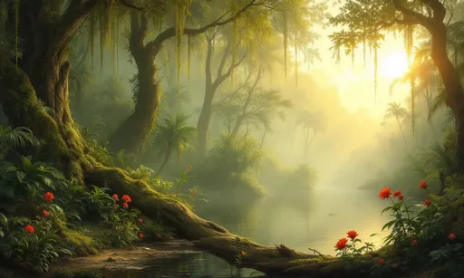 Prompt: A tranquil forested river scene, bathed in soft, ethereal sunlight in the style of 19th-century realism . The sun, partially veiled by a misty sky, casts a golden glow over the entire landscape. Rays of light pierce through the mist, illuminating the river’s surface and reflecting warmly in the still water, creating a dreamy, almost spiritual atmosphere.
On both sides of the river, dense vegetation thrives in rich detail. Towering trees, some with thick, twisting trunks and others adorned with hanging vines, form a lush canopy. Their foliage ranges from broad-leafed tropical plants to tall palm trees, all rendered with meticulous attention to texture and form. The forest floor is overgrown with moss, ferns, and flowering plants, creating a sense of untouched wilderness.
In the foreground to the left, a large fallen tree trunk, covered in moss and small plants, lies across the scene, guiding the viewer’s eye into the composition. A few bright red flowers punctuate the otherwise green palette, adding a pop of color.
The river itself is calm and reflective, with a few ripples visible, possibly caused by birds or fish. In the distance, the river winds gently into the haze, flanked by more trees that gradually fade into the soft mist, enhancing the depth and mystique of the scene. Tiny birds or insects can be seen flying above the water, adding life and movement to the stillness.
Overall, the scene evokes a sense of peace, mystery, and reverence for nature’s beauty. The masterful use of light and composition draws the viewer into a quiet, almost otherworldly moment within a tropical paradise.