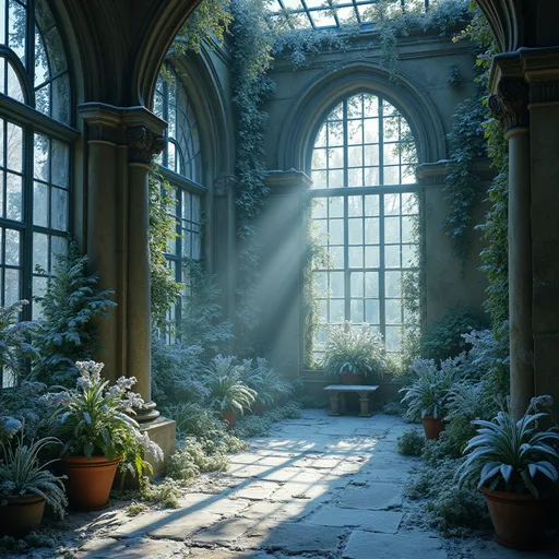 Prompt: An abandoned ruined Victorian indoor garden in winter with columns and large arched glass windows and ornate wrought-iron frames , covered in frost and snow , delicate ice covered lushy vines hanging from the ceiling , lushy climbing frosted lilies and plants  , frosted flowers , soft light streaming through tall arched windows , a mystical and serene atmosphere , intricate stonework and frosted flowers filling the space , the stone floor is dusted with snow , pots with frosted plants and flowers , ethereal and dreamy winter ambiance , a blue light comes from the ruined ceiling